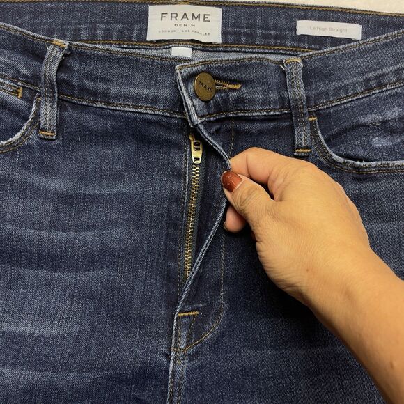 Frame Le High Straight Jeans Women's Size 30 Distressed Hem Stretch Blue Denim - Picture 9 of 12